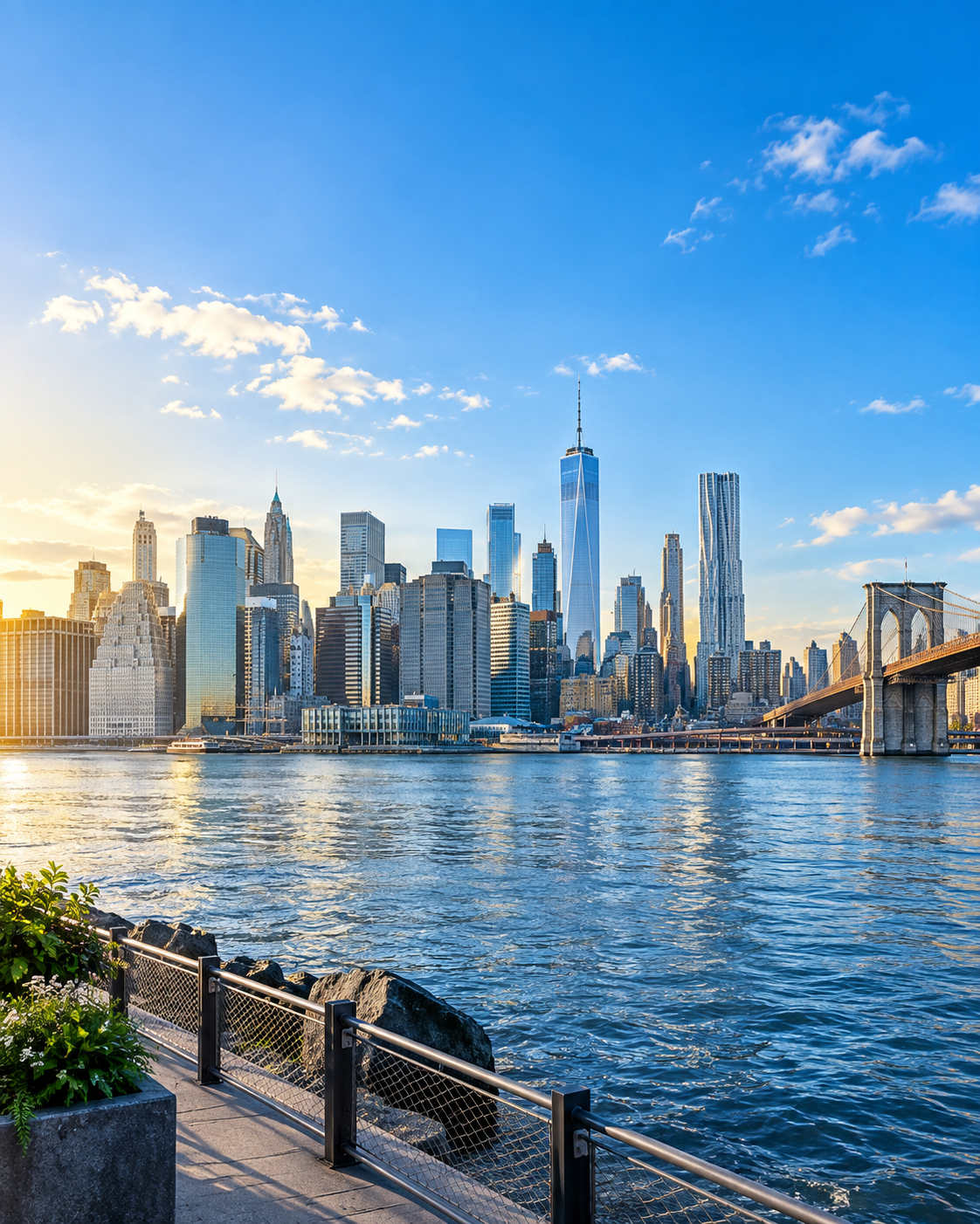 Vista ilustrativa de Nova York, com o horizonte de Manhattan junto ao rio